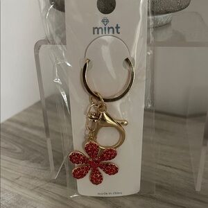 Mint Gold Keychain with Red Flower Charm NIP